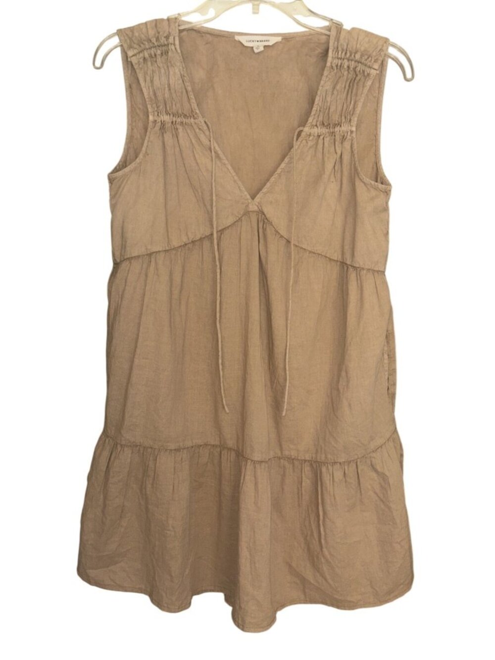 Lucky Brand Dress Womens Small Tan Cotton Babydoll Tiered Sleeveless V-Neck PKTS